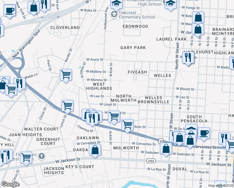 map of restaurants, bars, coffee shops, grocery stores, and more near 1414 North Kirk Street in Pensacola