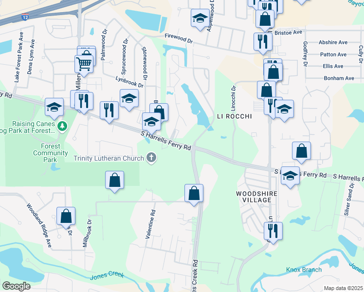 map of restaurants, bars, coffee shops, grocery stores, and more near 2601 Shadowbrook Drive in Baton Rouge