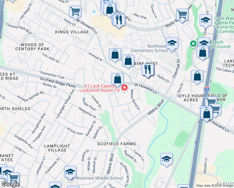 map of restaurants, bars, coffee shops, grocery stores, and more near 1826 Montana Sky Drive in Austin