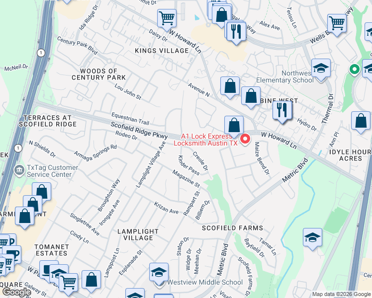 map of restaurants, bars, coffee shops, grocery stores, and more near 2012 Creole Drive in Austin