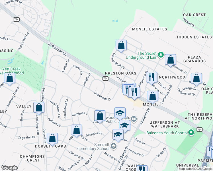 map of restaurants, bars, coffee shops, grocery stores, and more near 4524 Sidereal Drive in Austin