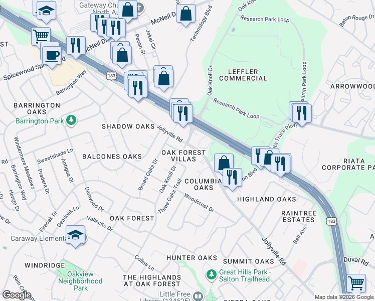 map of restaurants, bars, coffee shops, grocery stores, and more near in Austin