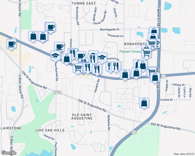 map of restaurants, bars, coffee shops, grocery stores, and more near 2531 Apalachee Parkway in Tallahassee