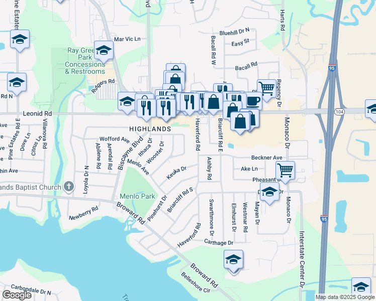 map of restaurants, bars, coffee shops, grocery stores, and more near 10539 East Gailwood Circle in Jacksonville