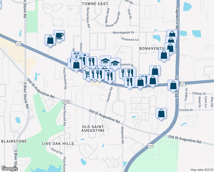 map of restaurants, bars, coffee shops, grocery stores, and more near 2531 Apalachee Parkway in Tallahassee