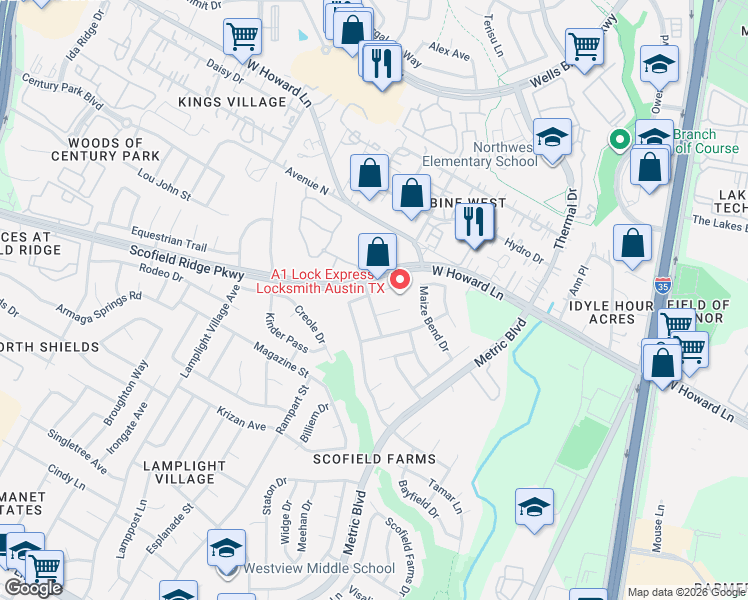 map of restaurants, bars, coffee shops, grocery stores, and more near 1826 Montana Sky Drive in Austin
