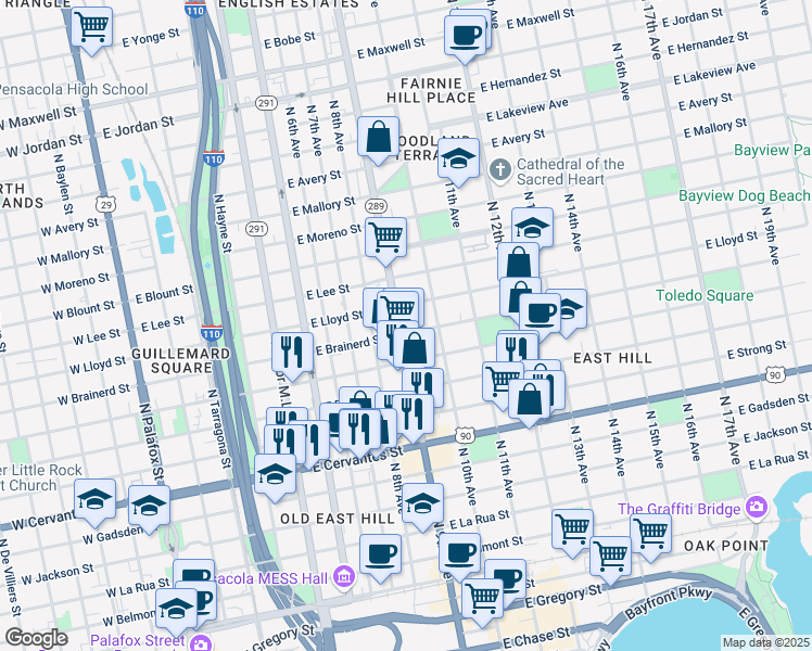 map of restaurants, bars, coffee shops, grocery stores, and more near 930 East Brainerd Street in Pensacola