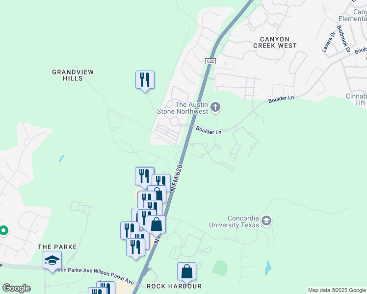 map of restaurants, bars, coffee shops, grocery stores, and more near 8712 Ranch Road 620 North in Austin