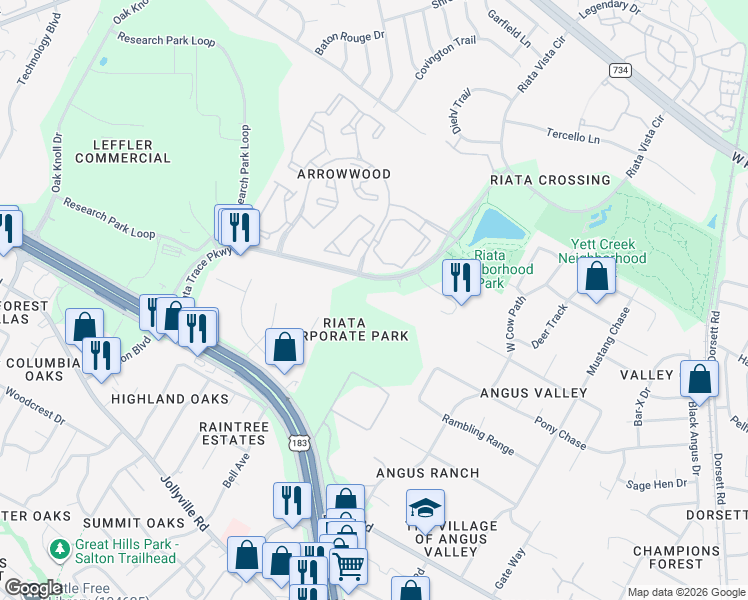 map of restaurants, bars, coffee shops, grocery stores, and more near 12337 Riata Trace Parkway in Austin