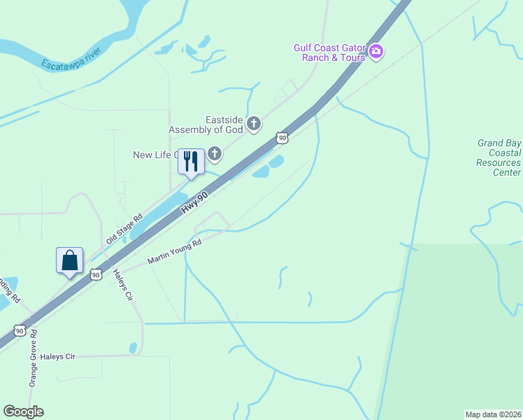 map of restaurants, bars, coffee shops, grocery stores, and more near 9812 Martin Young Road in Moss Point