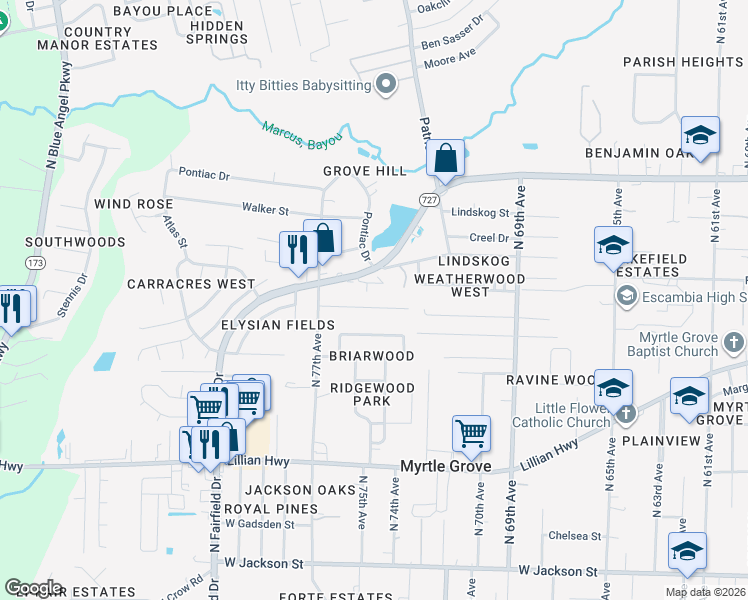 map of restaurants, bars, coffee shops, grocery stores, and more near 7570 Long Meadow Lane in Pensacola