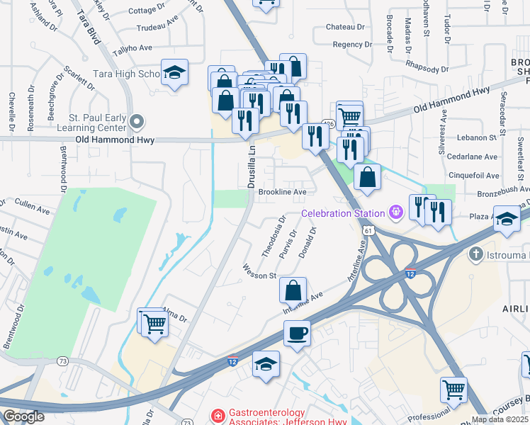 map of restaurants, bars, coffee shops, grocery stores, and more near 9521 Corinth Street in Baton Rouge
