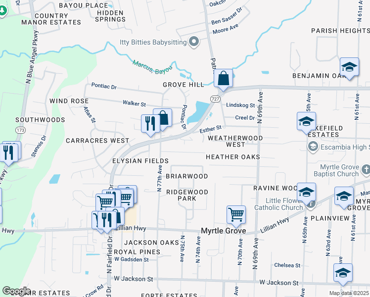 map of restaurants, bars, coffee shops, grocery stores, and more near 7580 Long Meadow Lane in Pensacola