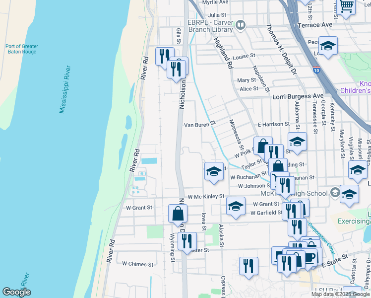map of restaurants, bars, coffee shops, grocery stores, and more near 2161 Nicholson Drive in Baton Rouge