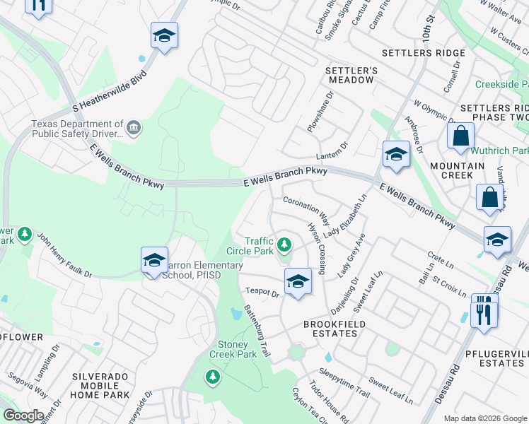 map of restaurants, bars, coffee shops, grocery stores, and more near 305 Tudor House Road in Pflugerville