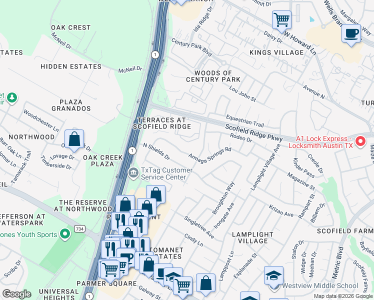 map of restaurants, bars, coffee shops, grocery stores, and more near 13012 Armaga Springs Road in Austin
