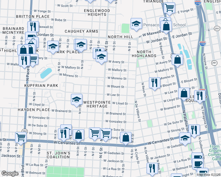 map of restaurants, bars, coffee shops, grocery stores, and more near 801 West Blount Street in Pensacola