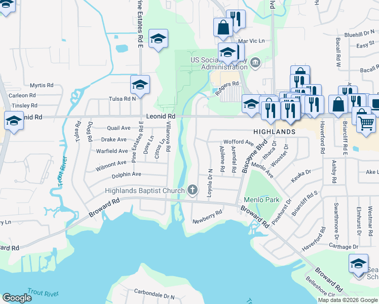 map of restaurants, bars, coffee shops, grocery stores, and more near 10578 Rutgers Road in Jacksonville