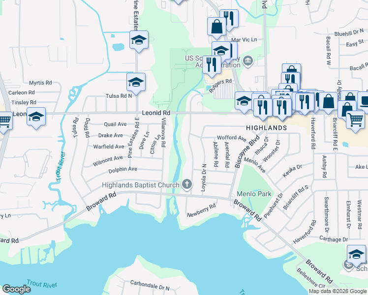 map of restaurants, bars, coffee shops, grocery stores, and more near 10578 Rutgers Road in Jacksonville