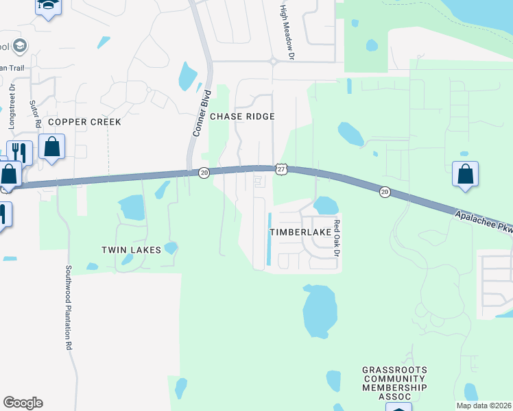 map of restaurants, bars, coffee shops, grocery stores, and more near 2322 Quazar Circle in Tallahassee