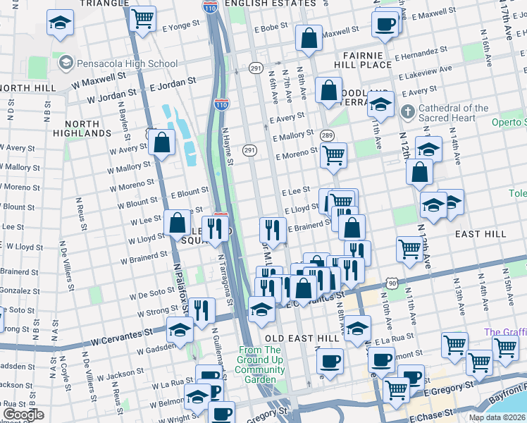 map of restaurants, bars, coffee shops, grocery stores, and more near 1312 Drive Martin Luther King Junior Drive in Pensacola
