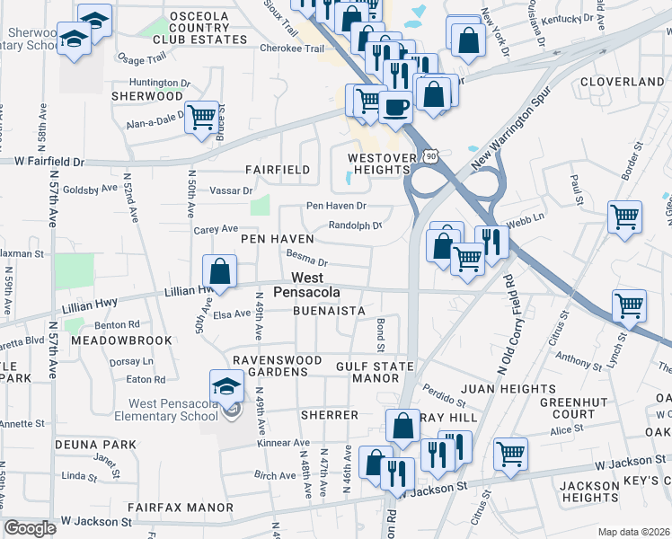 map of restaurants, bars, coffee shops, grocery stores, and more near 15 Besma Drive in Pensacola