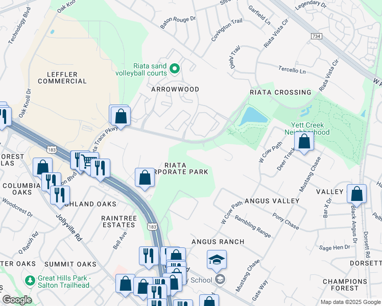 map of restaurants, bars, coffee shops, grocery stores, and more near 12337 Riata Trace Parkway in Austin