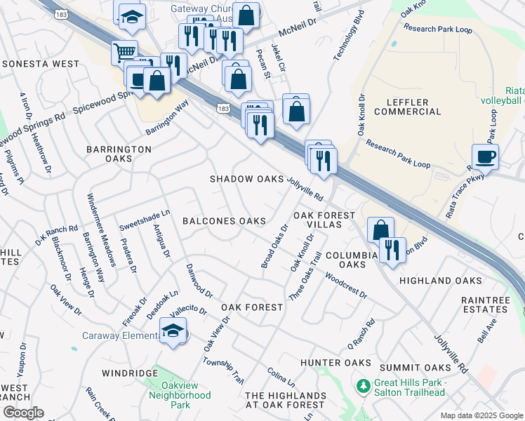 map of restaurants, bars, coffee shops, grocery stores, and more near 7001 Winedale Drive in Austin