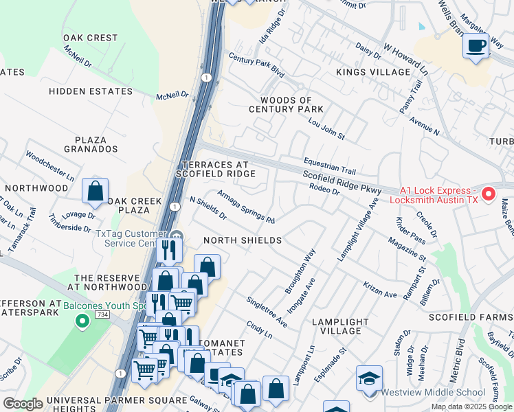 map of restaurants, bars, coffee shops, grocery stores, and more near 13012 Armaga Springs Road in Austin