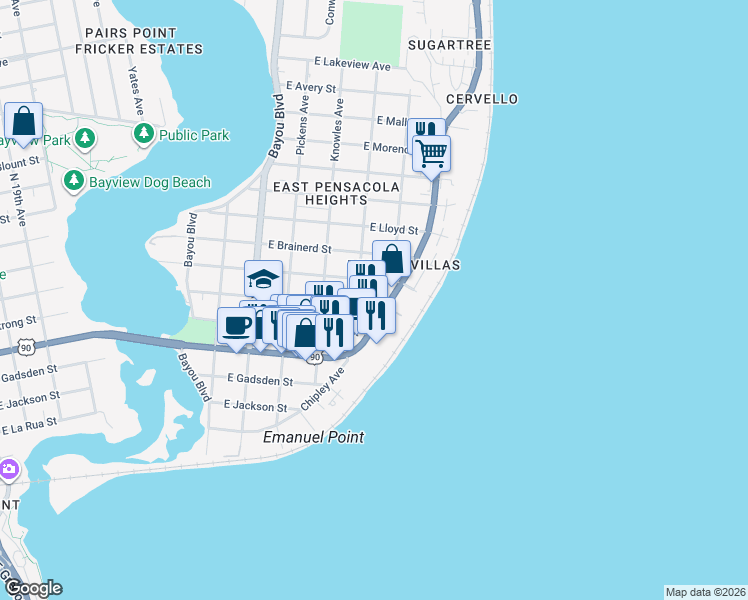 map of restaurants, bars, coffee shops, grocery stores, and more near 3203 East Gonzalez Street in Pensacola
