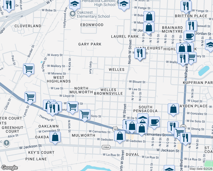 map of restaurants, bars, coffee shops, grocery stores, and more near 1407 North Z Street in Pensacola