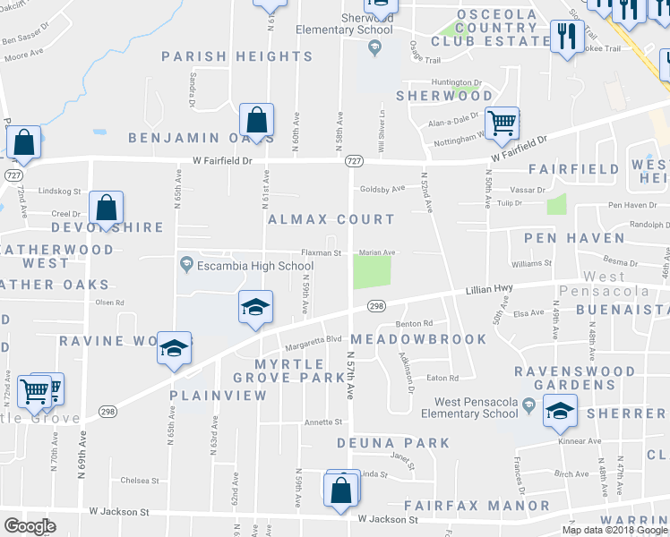 map of restaurants, bars, coffee shops, grocery stores, and more near 1111 North 57th Avenue in Pensacola