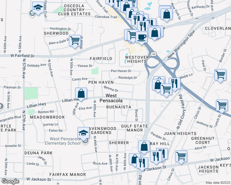 map of restaurants, bars, coffee shops, grocery stores, and more near 15 Besma Drive in Pensacola