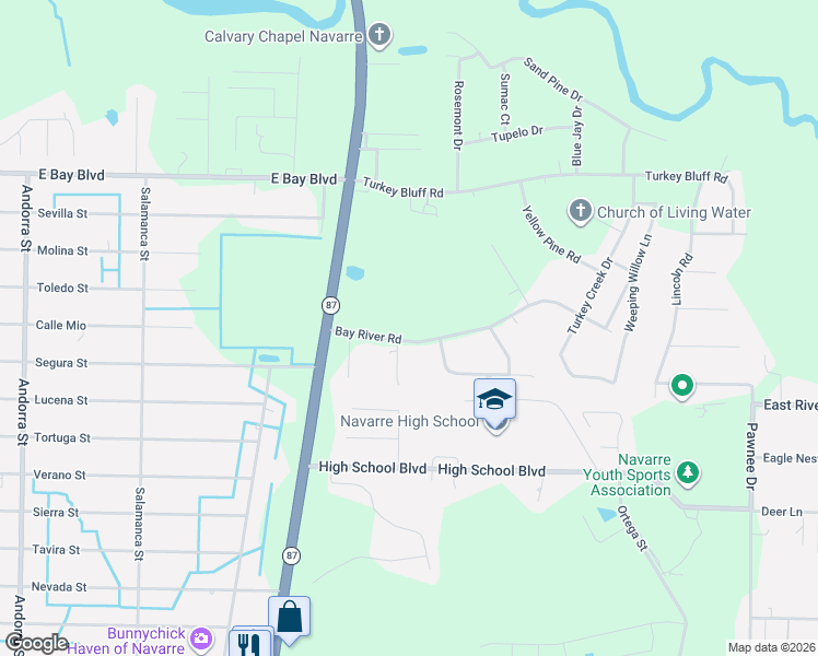 map of restaurants, bars, coffee shops, grocery stores, and more near 8574 Bay River Road in Navarre