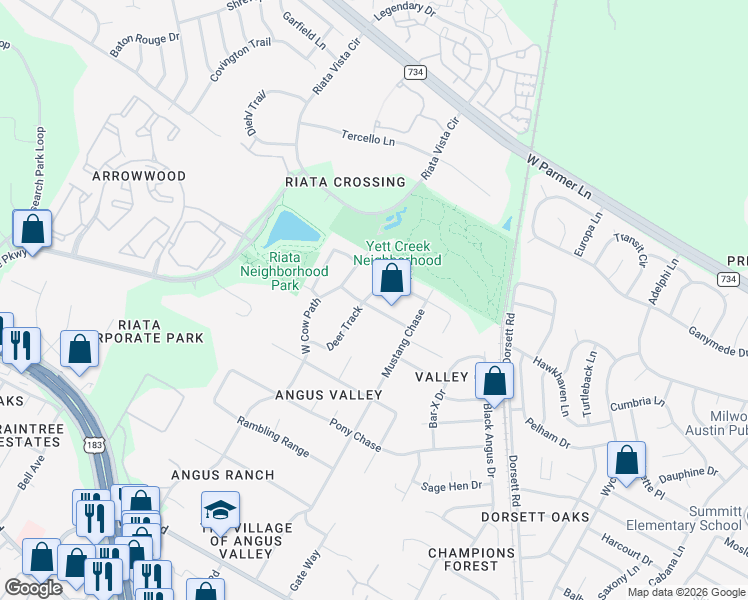 map of restaurants, bars, coffee shops, grocery stores, and more near 5300 Maverick Drive in Austin