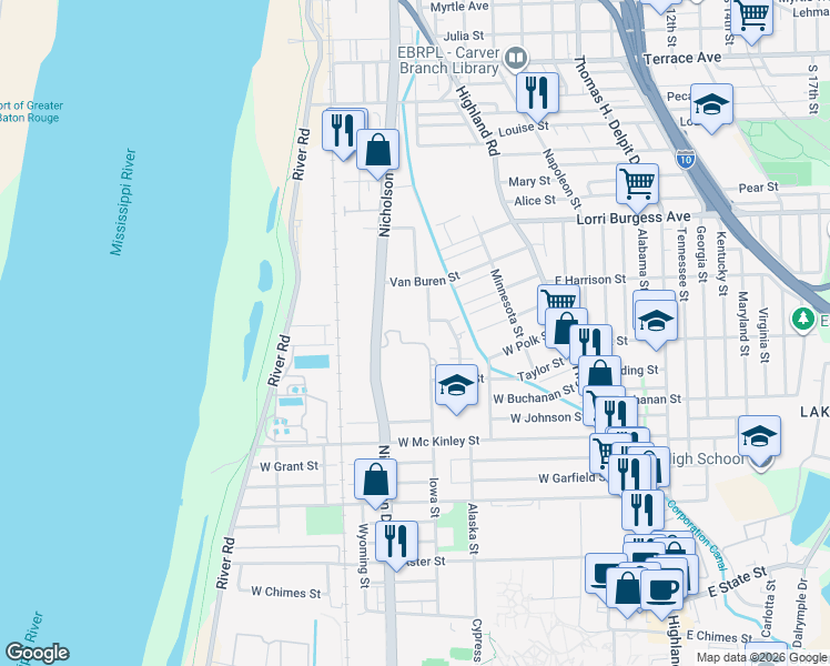 map of restaurants, bars, coffee shops, grocery stores, and more near 2010 Iowa Street in Baton Rouge