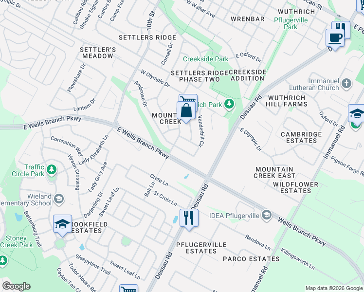 map of restaurants, bars, coffee shops, grocery stores, and more near 118 Ambrose Drive in Pflugerville