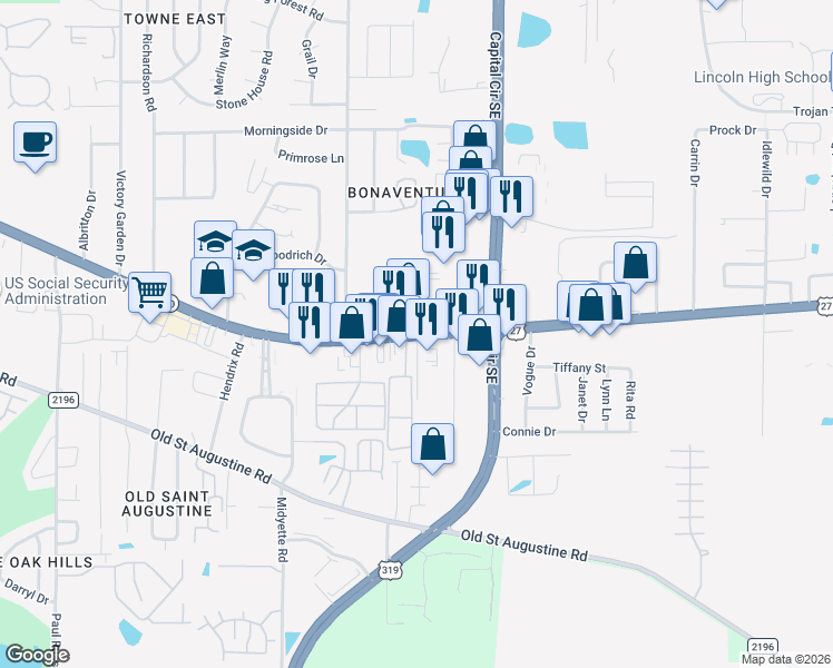 map of restaurants, bars, coffee shops, grocery stores, and more near 2960 Apalachee Parkway in Tallahassee