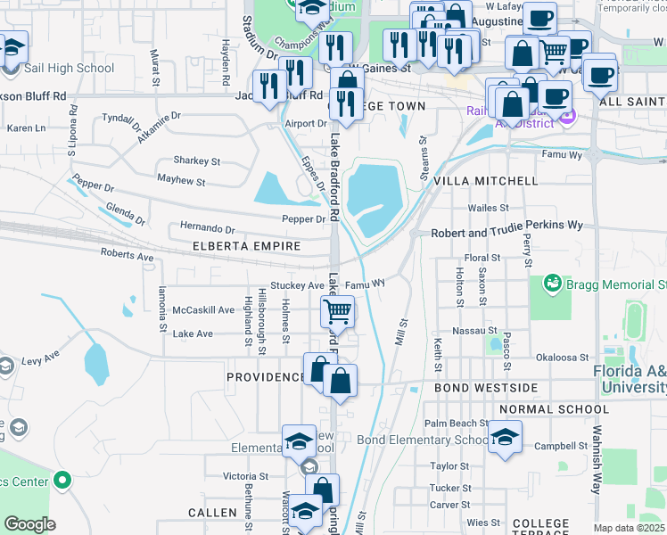 map of restaurants, bars, coffee shops, grocery stores, and more near North Lake Bradford Road in Tallahassee