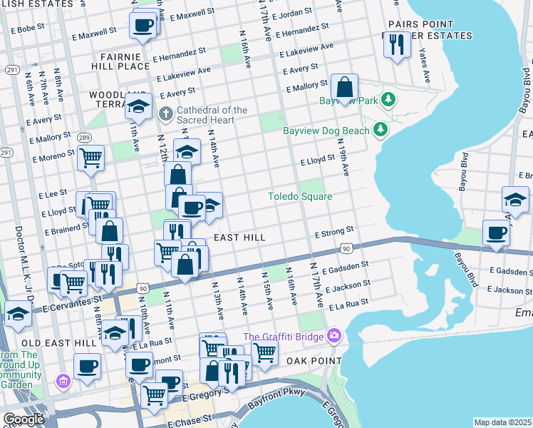 map of restaurants, bars, coffee shops, grocery stores, and more near 1515 East Gonzalez Street in Pensacola