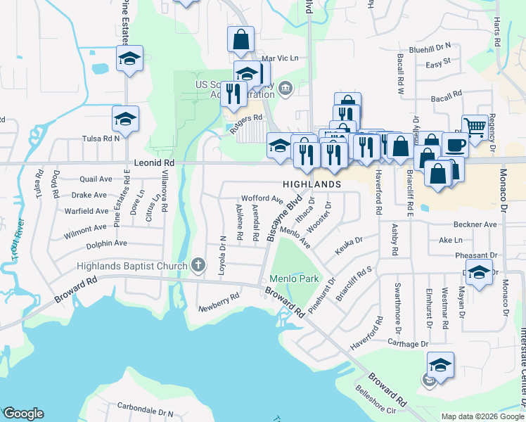 map of restaurants, bars, coffee shops, grocery stores, and more near 10569 Arendal Road in Jacksonville