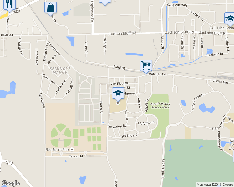 map of restaurants, bars, coffee shops, grocery stores, and more near 2814 Ridgeway Street in Tallahassee