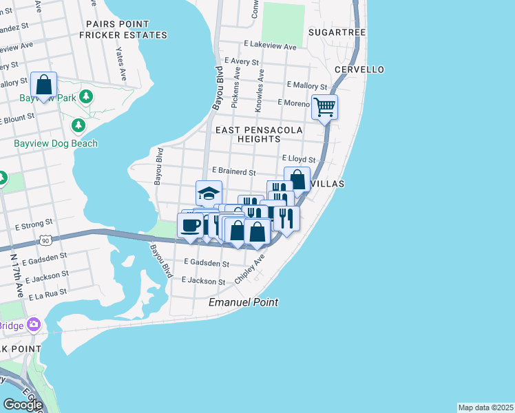 map of restaurants, bars, coffee shops, grocery stores, and more near 3102 East De Soto Street in Pensacola