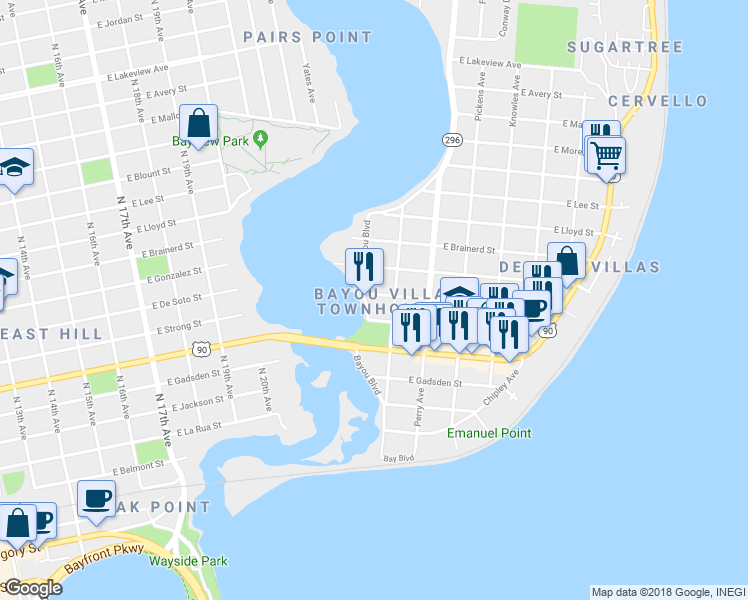 map of restaurants, bars, coffee shops, grocery stores, and more near 2703 East De Soto Street in Pensacola