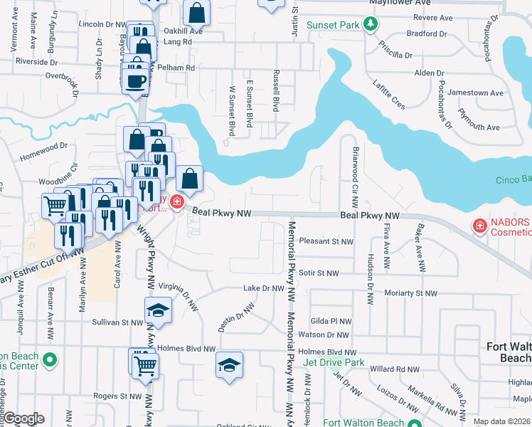 map of restaurants, bars, coffee shops, grocery stores, and more near 313 Beal Parkway Northwest in Fort Walton Beach