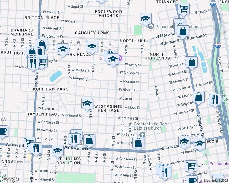 map of restaurants, bars, coffee shops, grocery stores, and more near 901 West Blount Street in Pensacola