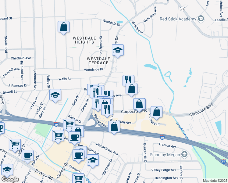 map of restaurants, bars, coffee shops, grocery stores, and more near 5351 Bankers Avenue in Baton Rouge