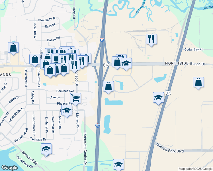 map of restaurants, bars, coffee shops, grocery stores, and more near 10520 Balmoral Circle West in Jacksonville