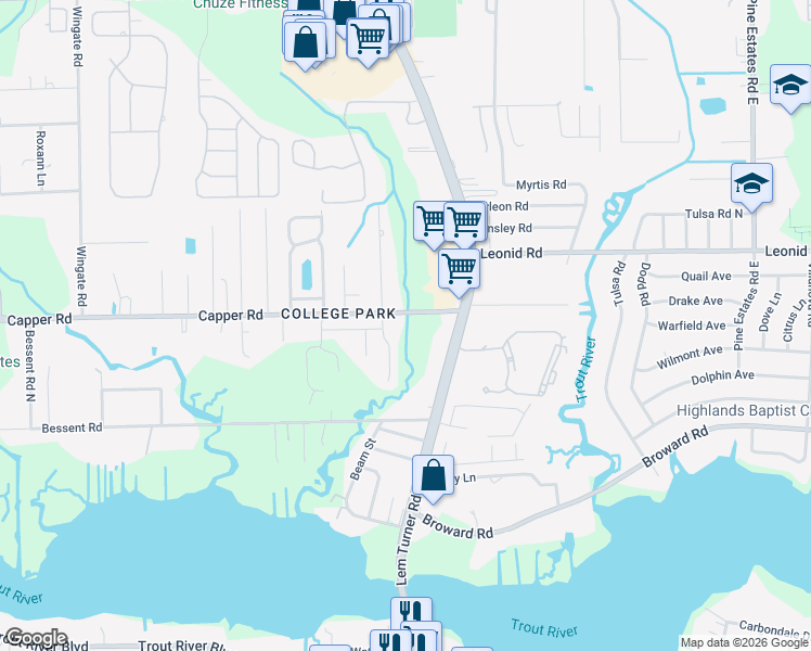 map of restaurants, bars, coffee shops, grocery stores, and more near 3046 Capper Road in Jacksonville