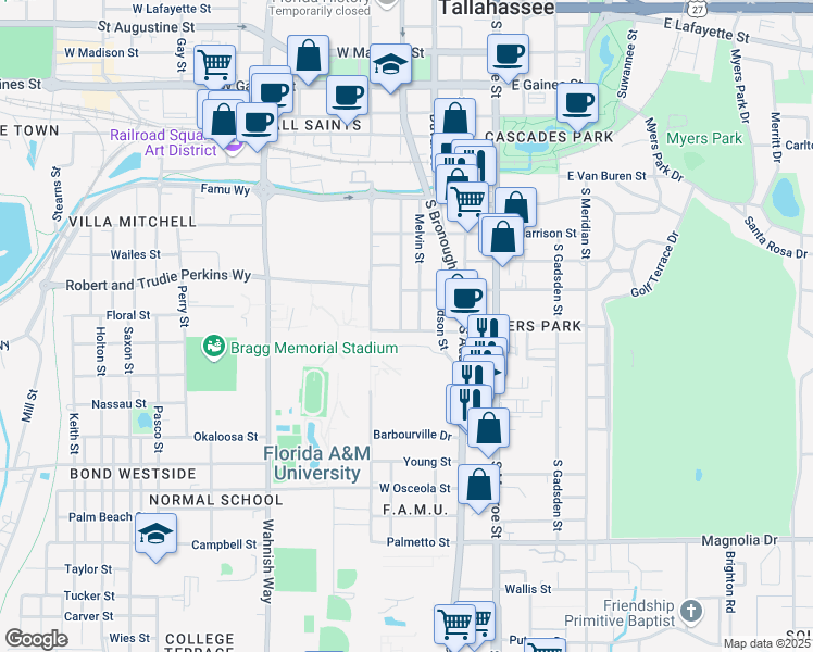 map of restaurants, bars, coffee shops, grocery stores, and more near 1525 Melvin Street in Tallahassee